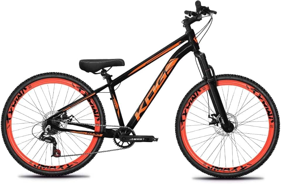 Bicicleta Aro 26 Rebaixada Freeride para Grau, Quadro em Alumínio, Relação 1x7, Aros Vmaxx Coloridos, Pedivela 34D, Suspensão 80mm,Preto Laranja Neon
