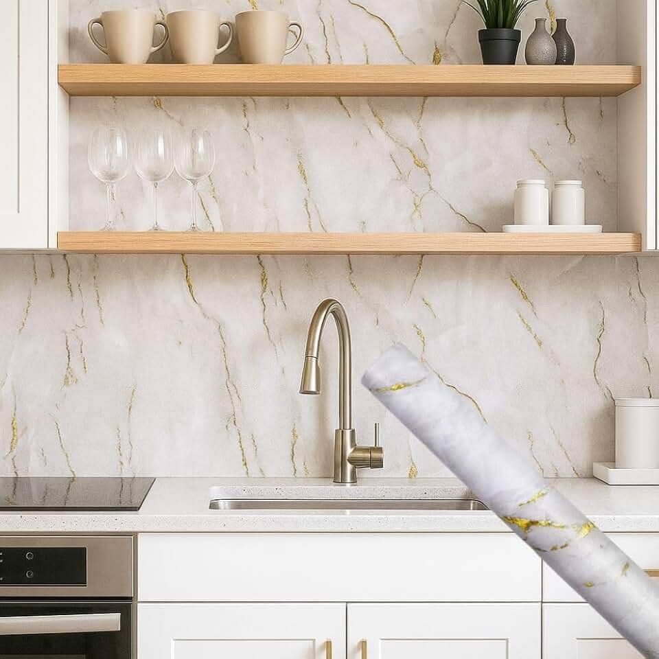 Papel de Parede Premium Mármore Texturizado 5 metros = 1 Rolo de 5m X 45cm Autoadesivo Sala, Cozinha, Banheiro