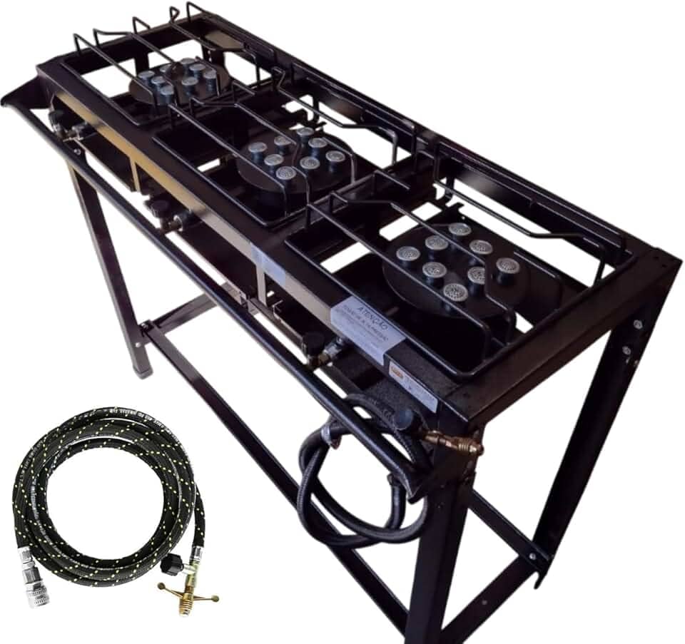 Fogão Industrial 3 Bocas Alta Pressão, 95x35x80cm, Aço Carbono, com Kit Mangueira (1m) e Registro.