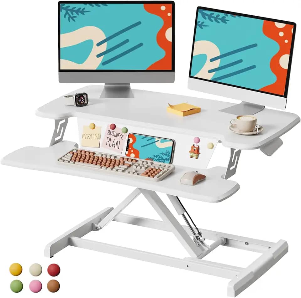 JOY worker Conversor de mesa em pé, suporte de mesa ajustável de 81 cm de altura com bandeja de teclado e 6 ímãs de geladeira, elevador de estação de trabalho de mesa para computador e laptop, branco