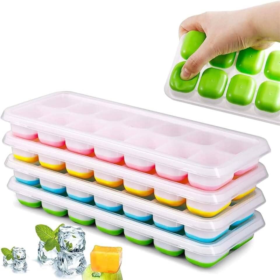Kit 4 Unidades Forma Com Tampa Gelo Ice Flexivel Forminha Fundo Silicone 14 Cubos Alimentos Frutas Papinha