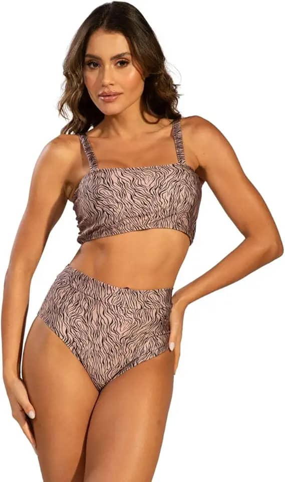 Biquini Top Faixa Hot Pants Cintura Alta Estampado Sem Bojo