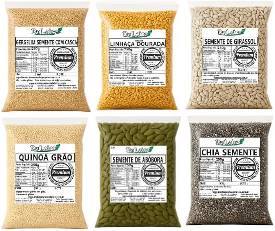 Kit Gergelim, Linhaça, Girassol, Quinoa, Abóbora e Chia (250grs de Cada)