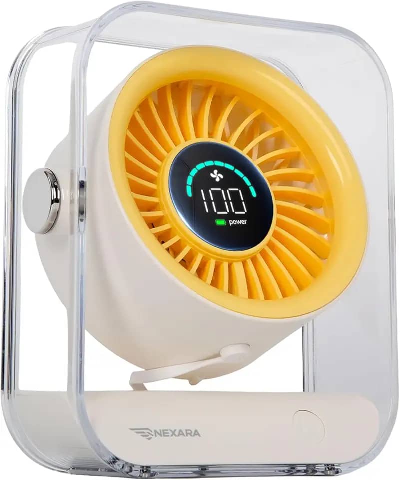 Ventilador de Mesa Recarregável USB - Mini Ventilador Silencioso com 100 Velocidades, Display LED,Bateria 3000mAh (11h Duração),Design Compacto e Grade Dupla para Casa,Escritório e Viagem (Branco)