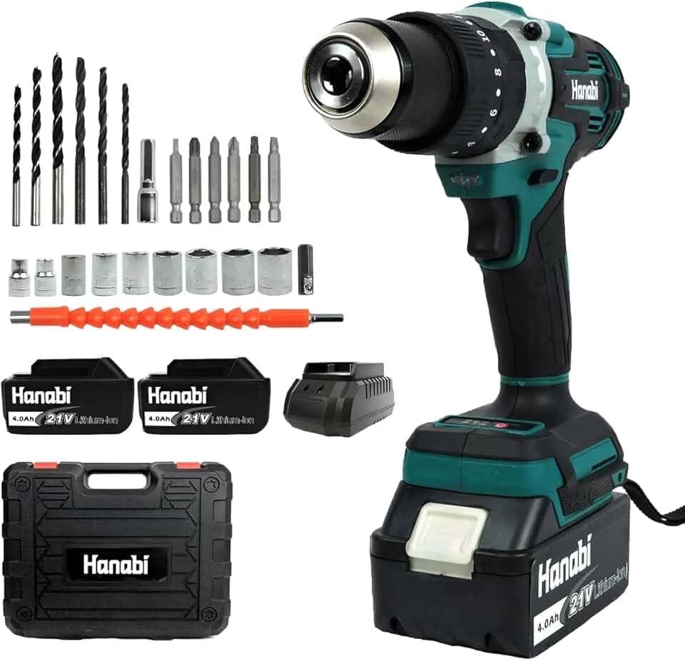 Hanabi Parafusadeira e Furadeira Motor Brushless com Impacto 21V Sem Fio 80N.m, 1700 RPM com LED Kit Parafusadeira Eletrica Com 2 Baterias de 4,0Ah 13mm
