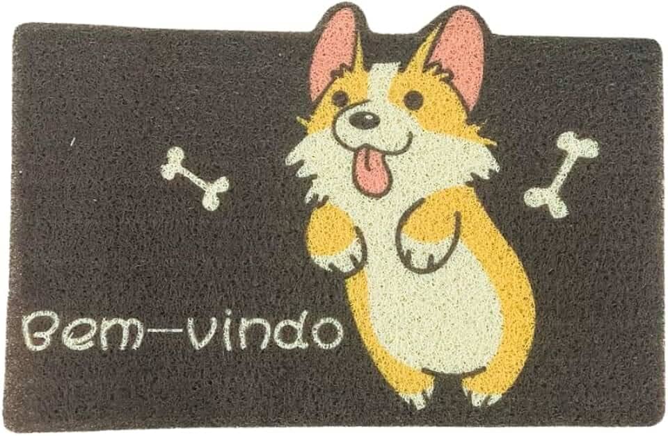 Tapete Capacho Porta de Entrada Pets 'Bem-vindo' 100% Poliéster Emborrachado 60cm x 40cm Para Receber Com Estilo (Cachorro Feliz)