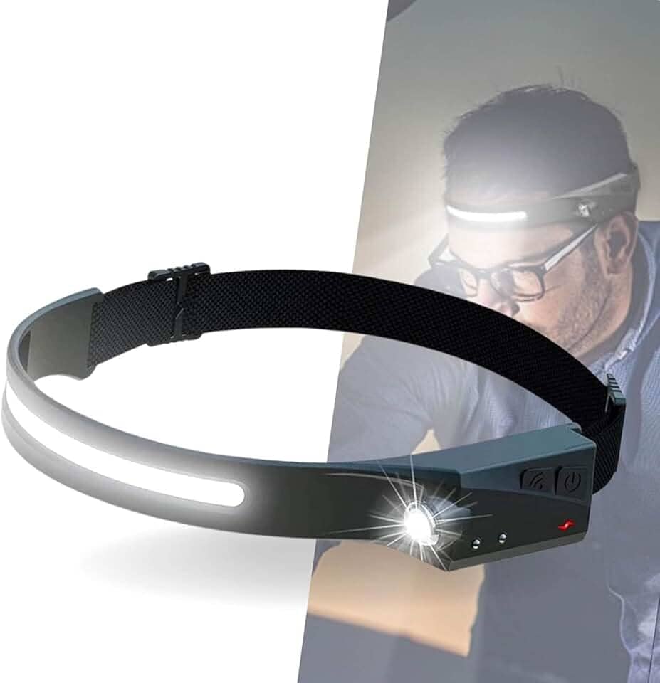 Lanterna de Cabeça LED Recarregável USB com Sensor de Movimento, Iluminação 230° COB, IPX4 Resistente à Água, Leve e Ajustável para Camping, Trilhas, Corrida e Trabalho