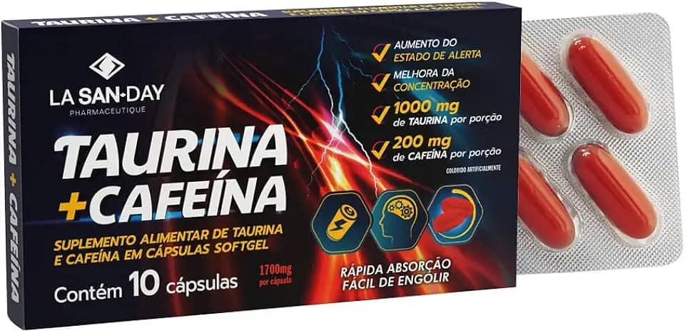 Taurina + Cafeína (10 Cápsulas) - Aprimora a resistência física na prática dos exercícios. A taurina é um aminoácido muito importante para o bom funcionamento do organismo