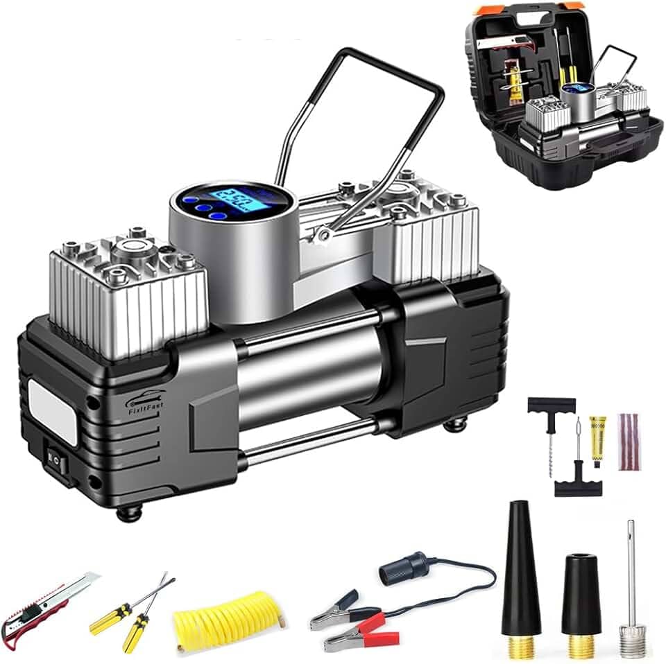 Kit Compressor De Ar Portátil 12V, 100 PSI, LED, Desligamento Automático, Inflação Rápida (3-4 Minutos), Multiuso para Carros, SUVs, Bicicletas, Motos e Infláveis