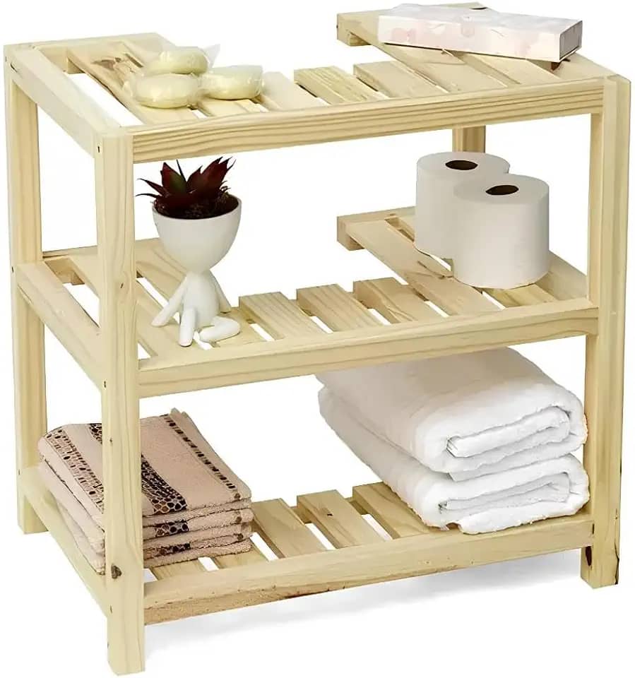 Gabinete Rústico para Banheiro com 3 Prateleiras – Estante de Madeira Pinus Organizador Decorativo(Sem Rodas)