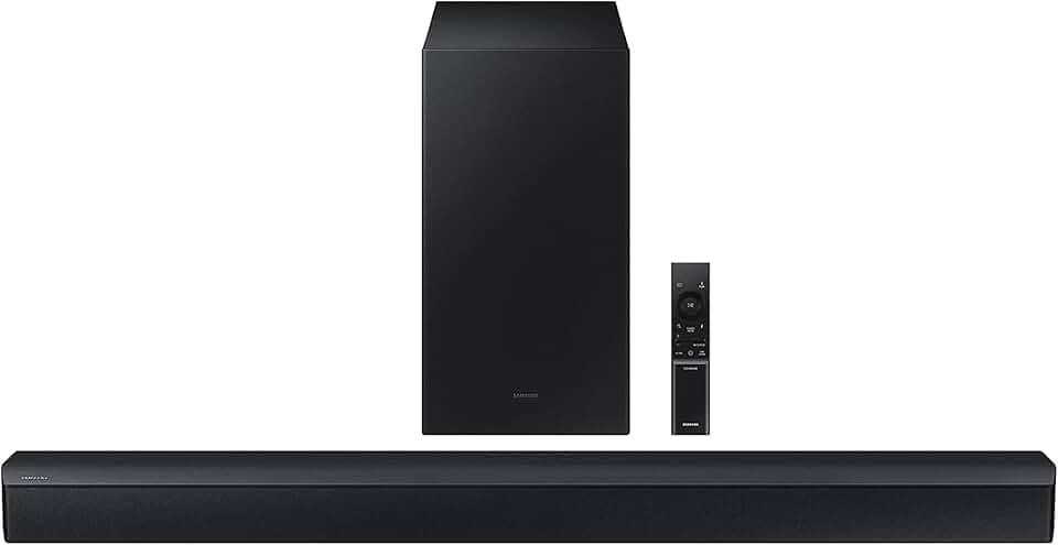 Samsung HW-C450 2.1ch Soundbar com DTS Virtual X, subwoofer incluído, Bass Boost, Adaptive Sound Lite, modo de jogo, Bluetooth, som surround sem fio compatível (modelo mais recente), preto