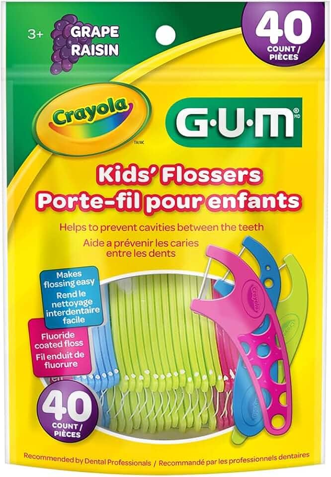 Flosser GUM Crayola, Fio Dental Infantil com haste, Sabor Uva, 40 unid.