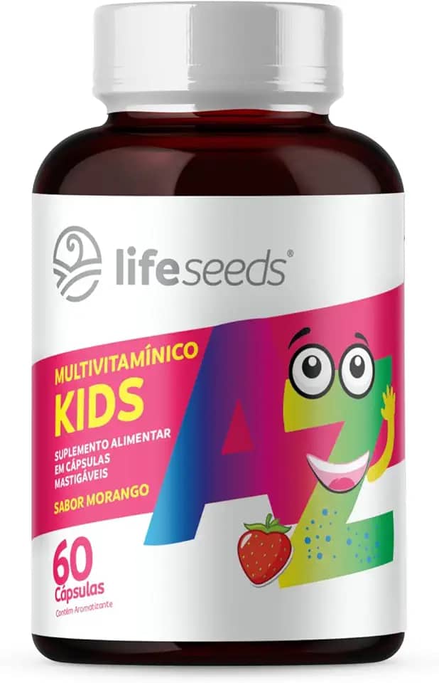 Multivitamínico AZ Kids - Vitaminas A, D, E, K, C, B1, B2, B3, B5, B6, B7, B9, B12, Cálcio, Cromo, Ferro, Magnésio, Selênio e Zinco - Sabor Morango - 60 Cápsulas Mastigáveis
