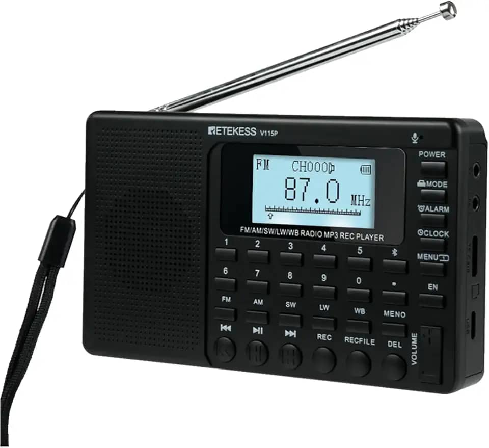 Retekess Rádio portátil de ondas curtas V115P, rádio AM FM SW WB recarregável, conexão sem fio, bateria de 1800 mAh, sintonizador digital, TF/AUX, gravação, lanterna, temporizador de sono, despertador