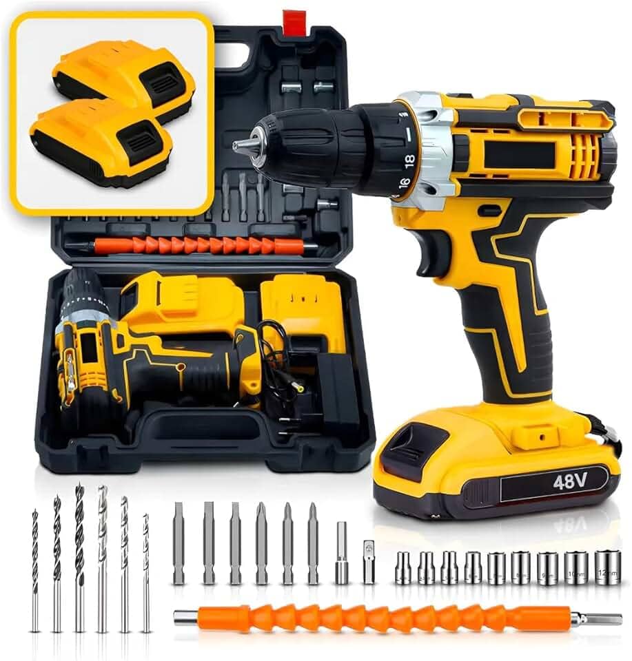 Furadeira e Parafusadeira de Impacto Sem Fio 48V com LED 2 Baterias Recarregáveis Bi-volt e Acessórios Maleta Completa para Uso Profissional e Doméstico