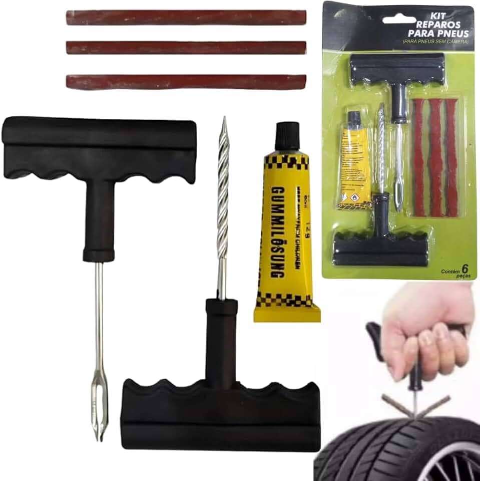 Kit Reparo de Pneus 6 Peças Tubeless Compacto Prático com Escareador Aplicador Cola e 3 Varetas Solução Rápida para Emergências em Carros Motos e Bikes