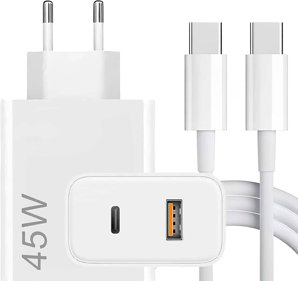Carregador Super Turbo 45W Porta Dupla (USB-C + USB-A) + Cabo USB Tipo C de 1m, Compatível com Celulares Samsung, Motorola, iPhone 15, Tablets, Notebooks