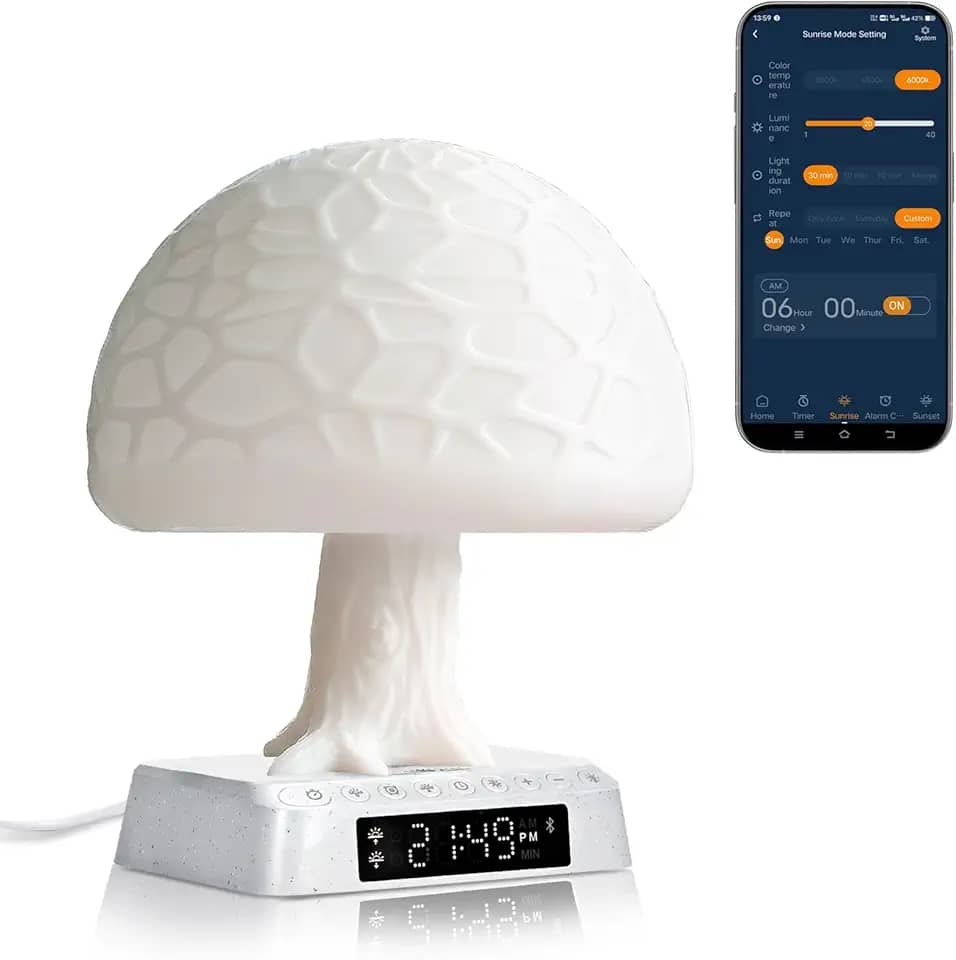 Sunrise Candeeiro despertador APP controle bioclock ajuste terapia luz humor feliz lâmpada de mesa árvore cogumelo lâmpada de mesa acordar cabeceira lâmpada ambiente natural ruído branco
