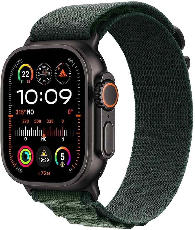 Apple Watch Ultra 2 GPS + Cellular • Caixa preta de titânio – 49 mm • Pulseira loop Alpina verde-escura – P