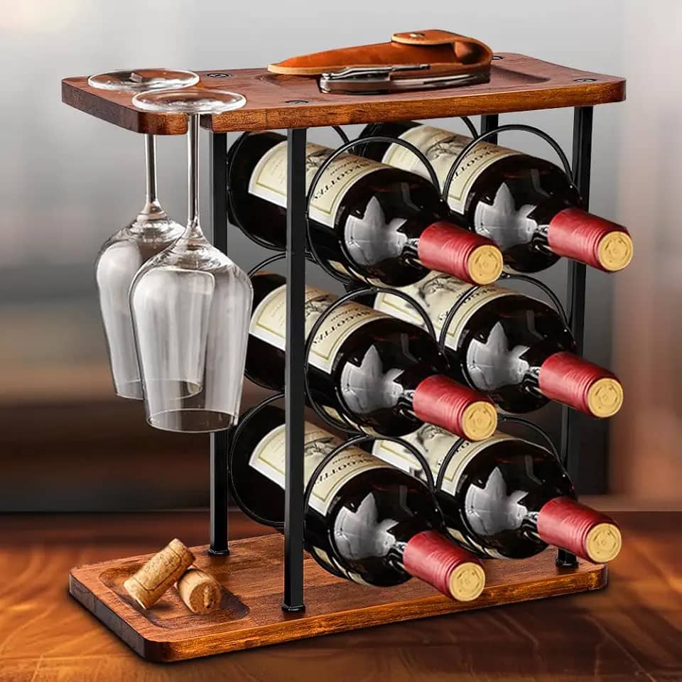 Suporte 6 Garrafas Vinho Aço Mesa Bancada Adega Organizador, Suporte de Garrafa de Vinho para 6 Garrafas E 2 Suportes de Copos