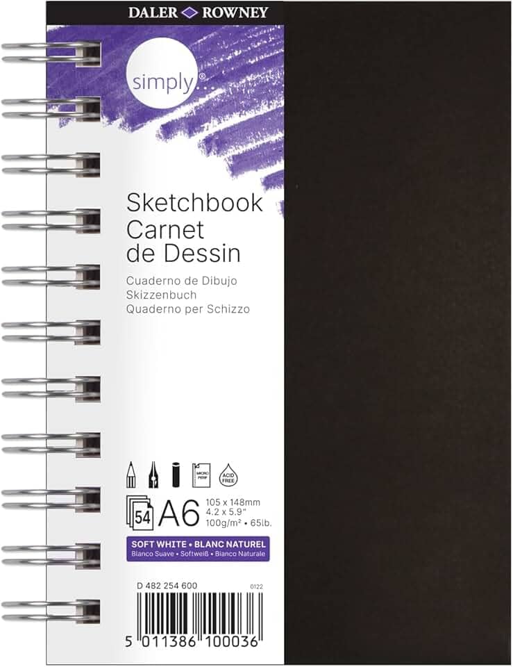 DALER ROWNEY Simply Sketchbook, Papel para Desenho em Caderneta, com Espiral, Tamanho A6, Gramatura 100 g/m²
