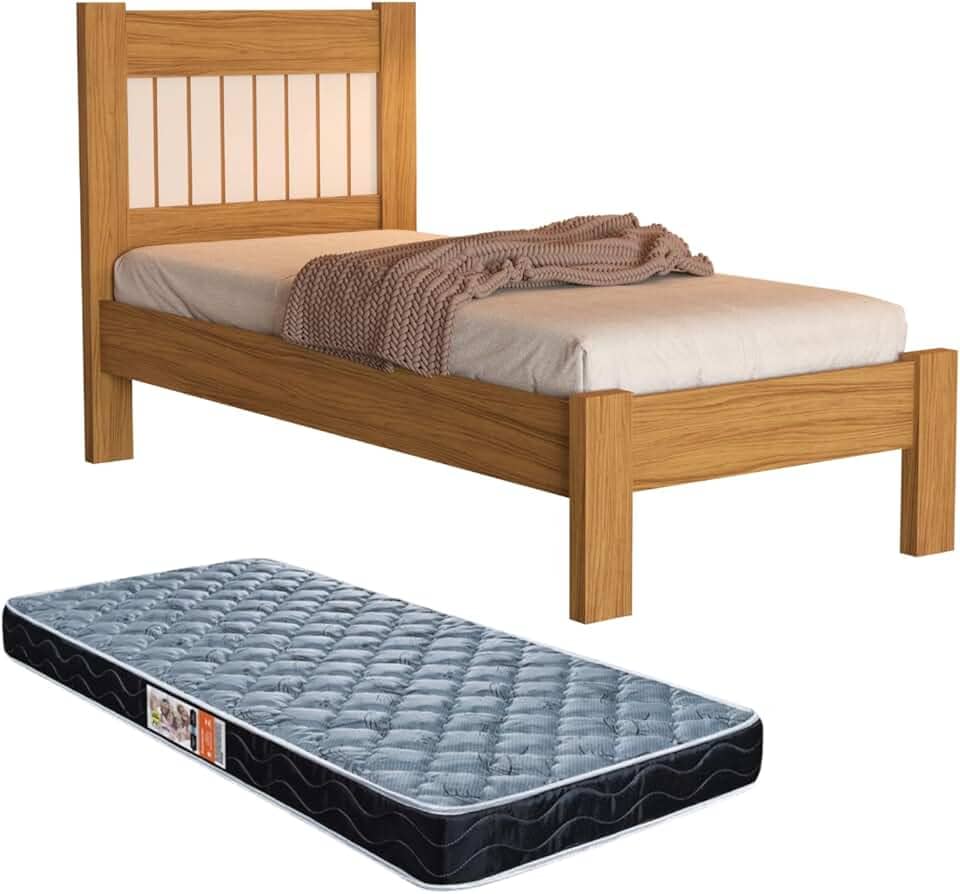 Cama Solteiro Bela Com Painel Ripado E Colchão (Nature/OFf)