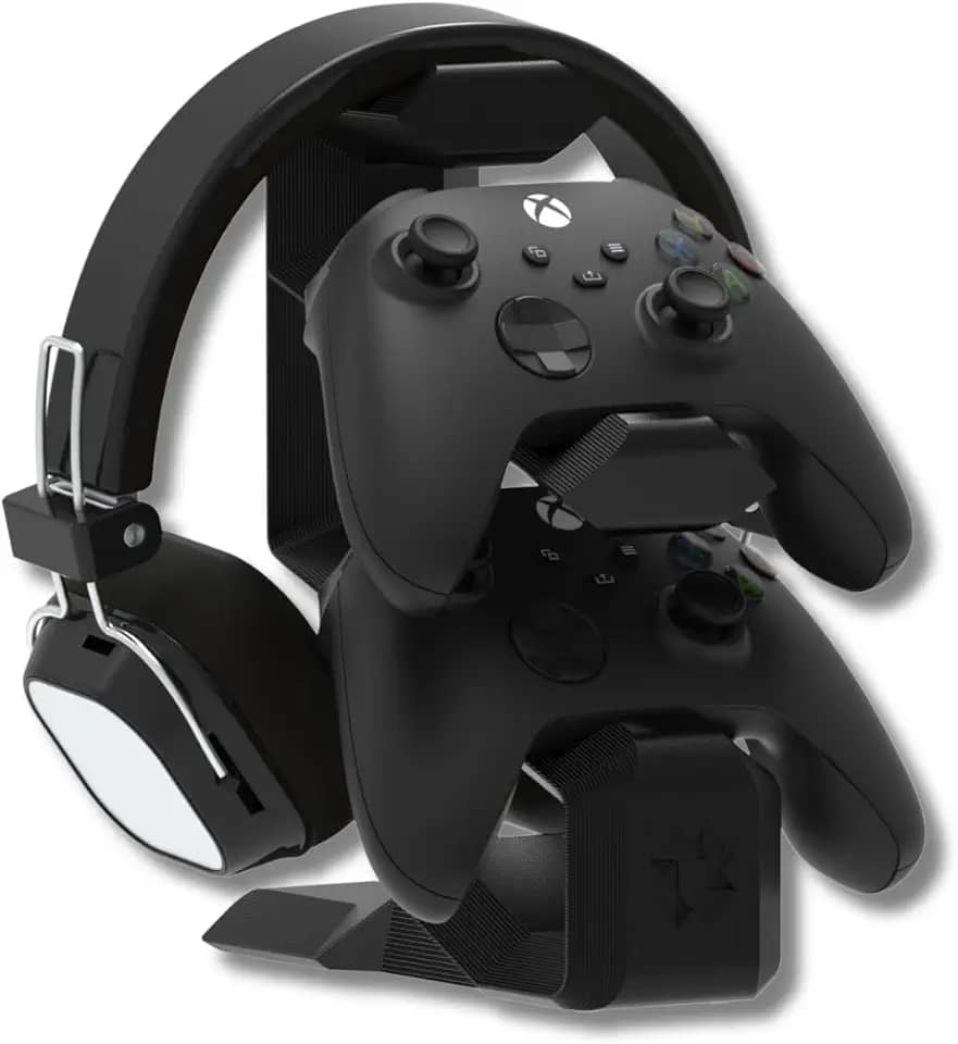 Suporte de Mesa Preto Compatível com 2 Controles e Headset – Organização para Xbox One, Series X|S, PS4, PS5 DualSense com Estabilidade e Estilo