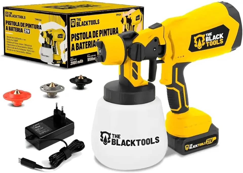 Pistola de Pintura a Bateria 21V The Black Tools TPP21A – 500W, Reservatório 1000ml, 4 Bicos, Controle de Fluxo, Bivolt