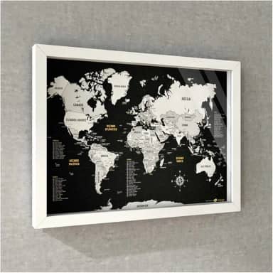 Quadro Box (c/Vidro) - Mapa-Múndi Preto e Branco (Black) + 100 Pins Alfinetes (45x32 / 63x45cm)