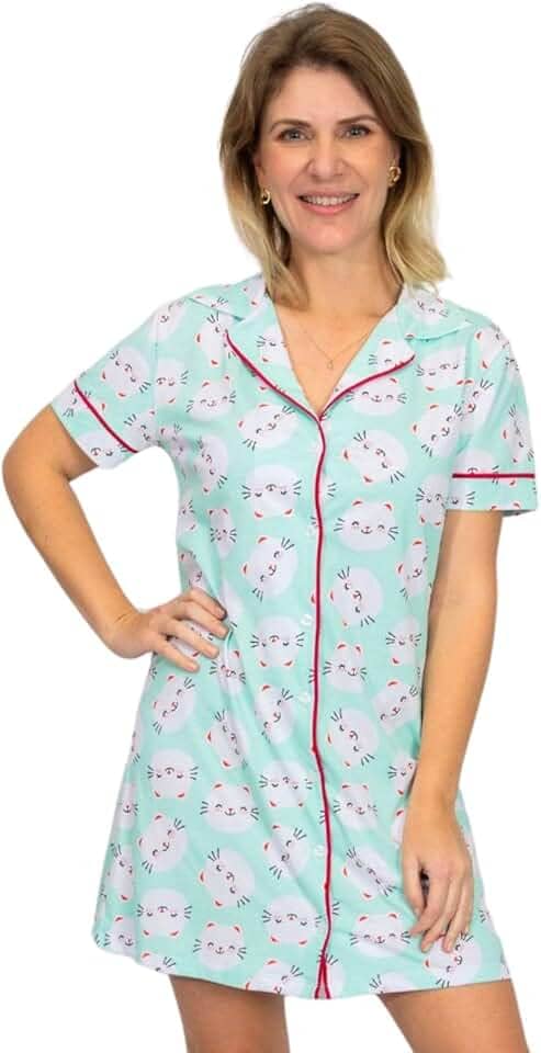 Camisola Algodão Feminina Americana Manga Curta com Botões Adulto indicado Gestante Amamentação e Pós cirúgico – Gatinhos Verde