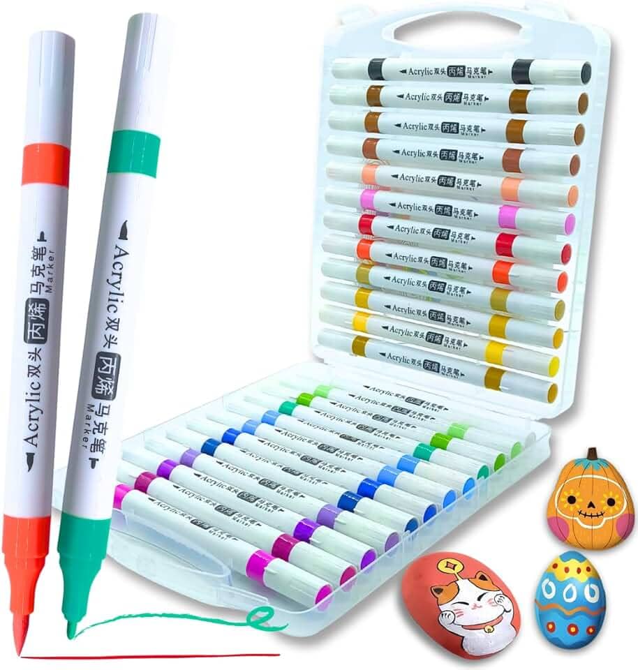 Conjunto de Marcadores Acrílicos Ponta Dupla Premium, Para Pintura de Papel, Tela, Madeira, Metal, Cerâmica, Vidro e Tecidos Marcadores Para Colorir Para Crianças e Adultos (24 cores)