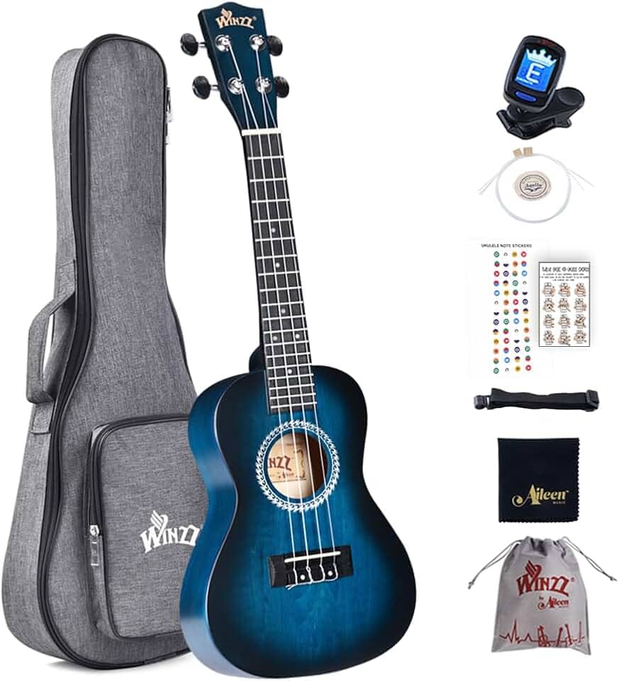 Winzz Concerto de ukulele, kit de ukulele para iniciantes para adultos e crianças, design de cor exclusivo (azul vintage, 58 cm - concerto)