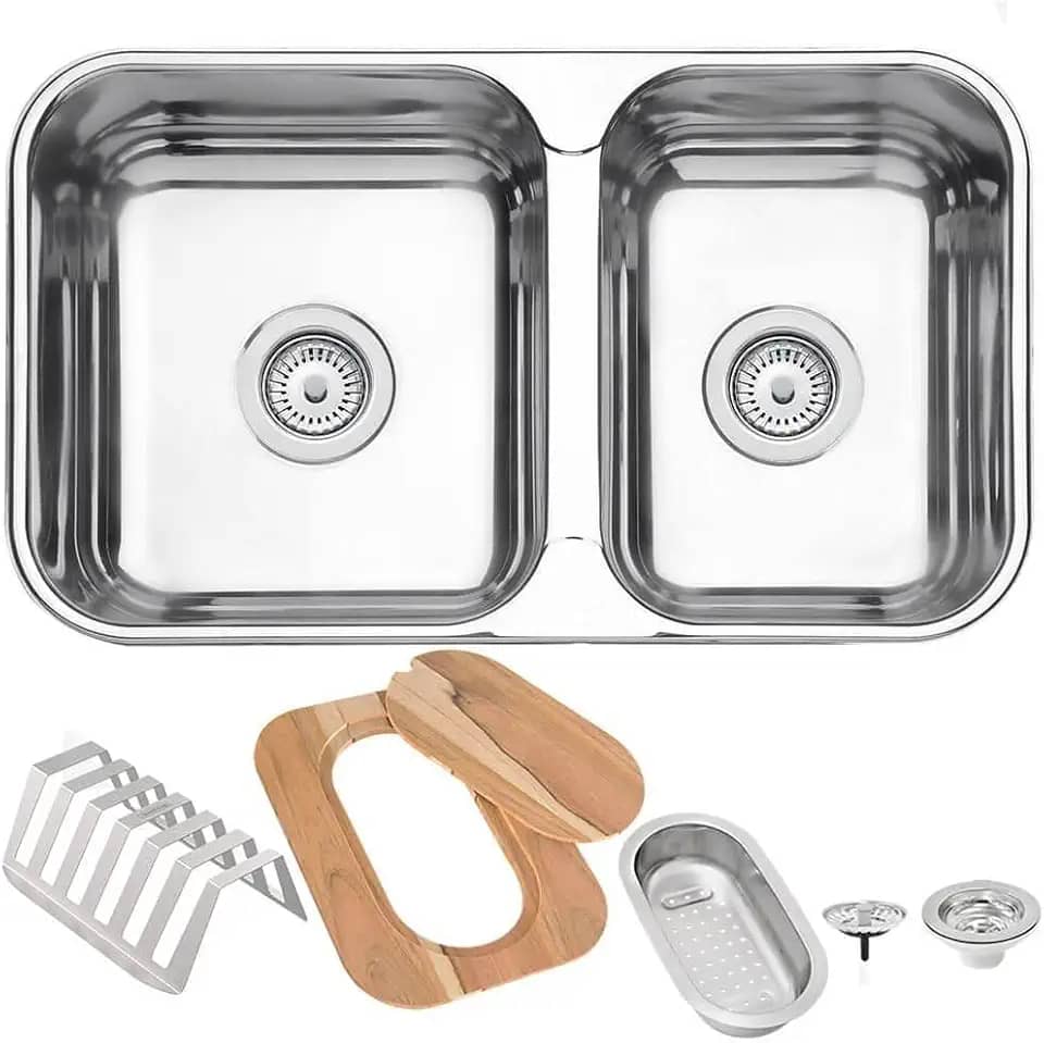 Cuba Tramontina Isis 2C 34 28 BS Perfecta em Aço Inox Polido 69 x 40 com Válvulas, Cesto Coador, Tábua e Escorredor de Pratos