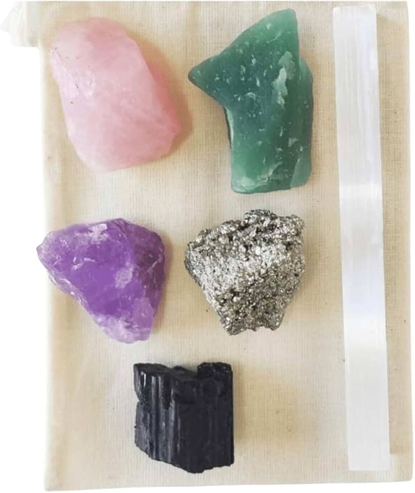 Kit de Cristais para Iniciantes - Bastão de Selenita, Quartzo Rosa, Quartzo Verde, Ametista, Turmalina Negra e Pirita | Energização, Proteção, Equilíbrio e Cura Emocional para Iniciantes no Mundo dos Cristais.