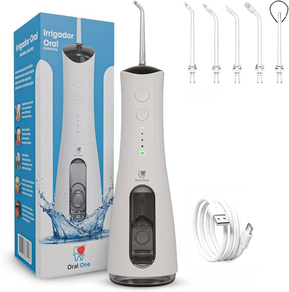 Irrigador Oral e Bucal Portátil 300ml – Jato de Água Recarregável USB – 5 Bicos – Fio Dental Elétrico Profissional para Higiene e Limpeza Oral, Aparelhos, Próteses, Coroas e Implantes | Oral One