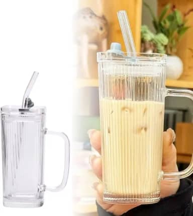 Copo Com Canudo Tampa Alça Suco Vedação Silicone Vidro Canelado Frizado 250ml Grafiato Reutilizáveis Café Gelado Ideal Cerveja Uísque Presente