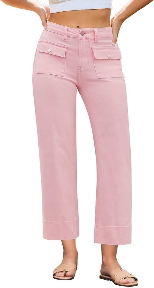 Jeans de perna larga para mulheres, moderno, cintura alta, perna reta, corte elástico, calça jeans com bolsos retrô