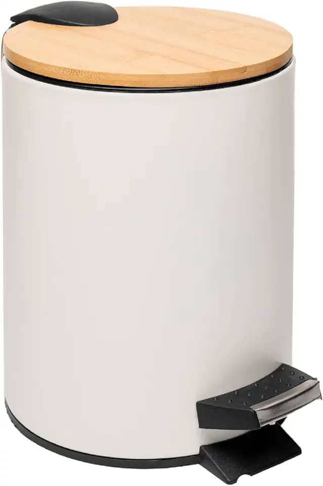 LYOR - Lixeira Redonda De Metal Com Pedal e Tampa Em Bambu Branca 3L