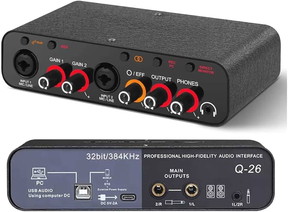Q-26 Interface de audio,placa de som profissional de canal USB 2.0 DC 5V de alta velocidade, função de monitor para estúdio/gravação musical/jogos/Equipamentos para Gravação Musical