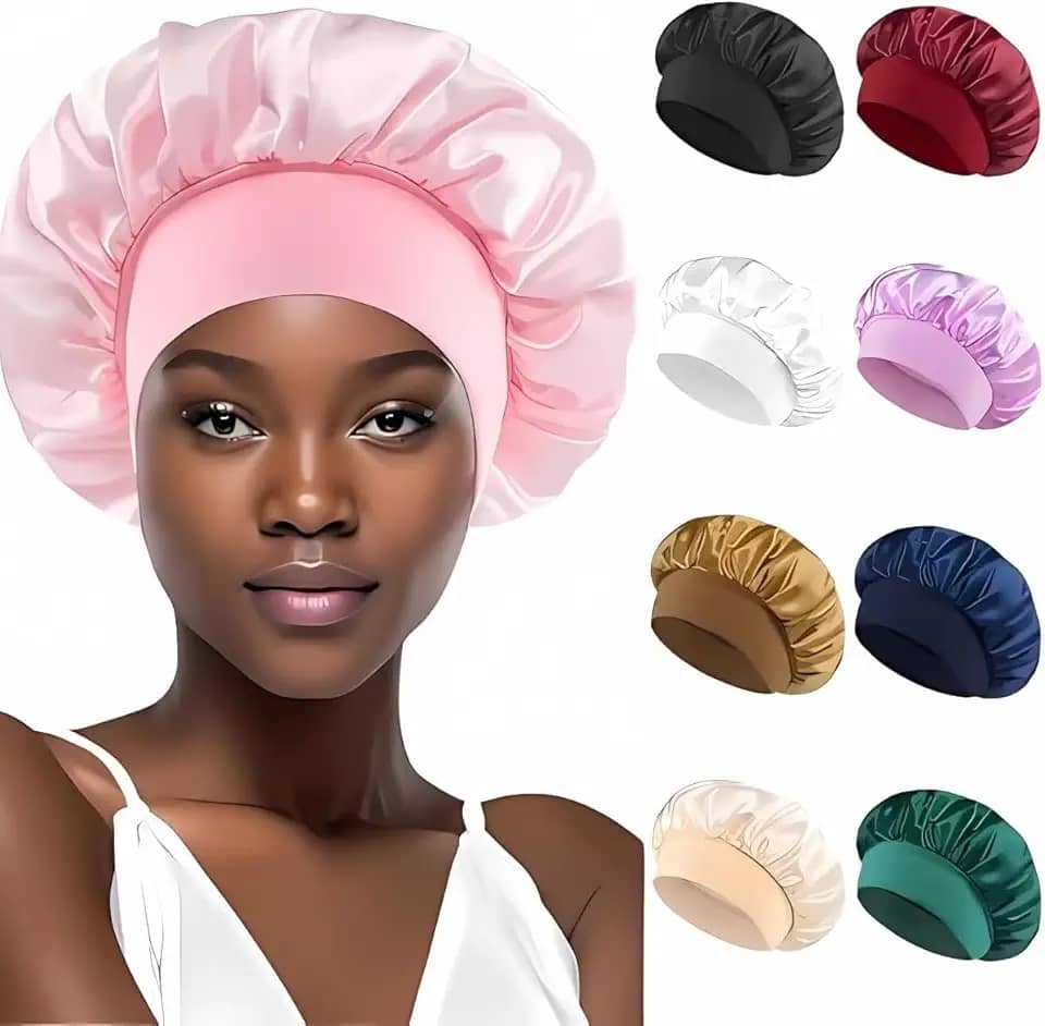 Touca de Cetim Premium, Dupla Face com Faixa Larga, Proteção Noturna para Cabelos, Material Sedoso Anti-Frizz (1, Rosa Claro)