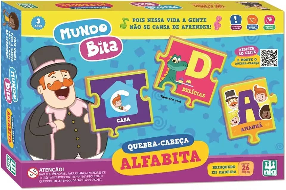 Brinquedo Educativo Alfabita Quebra-cabeça Mundo Bita de Madeira 26 Peças Alfabetização Coordenação Motora - Nig 0696