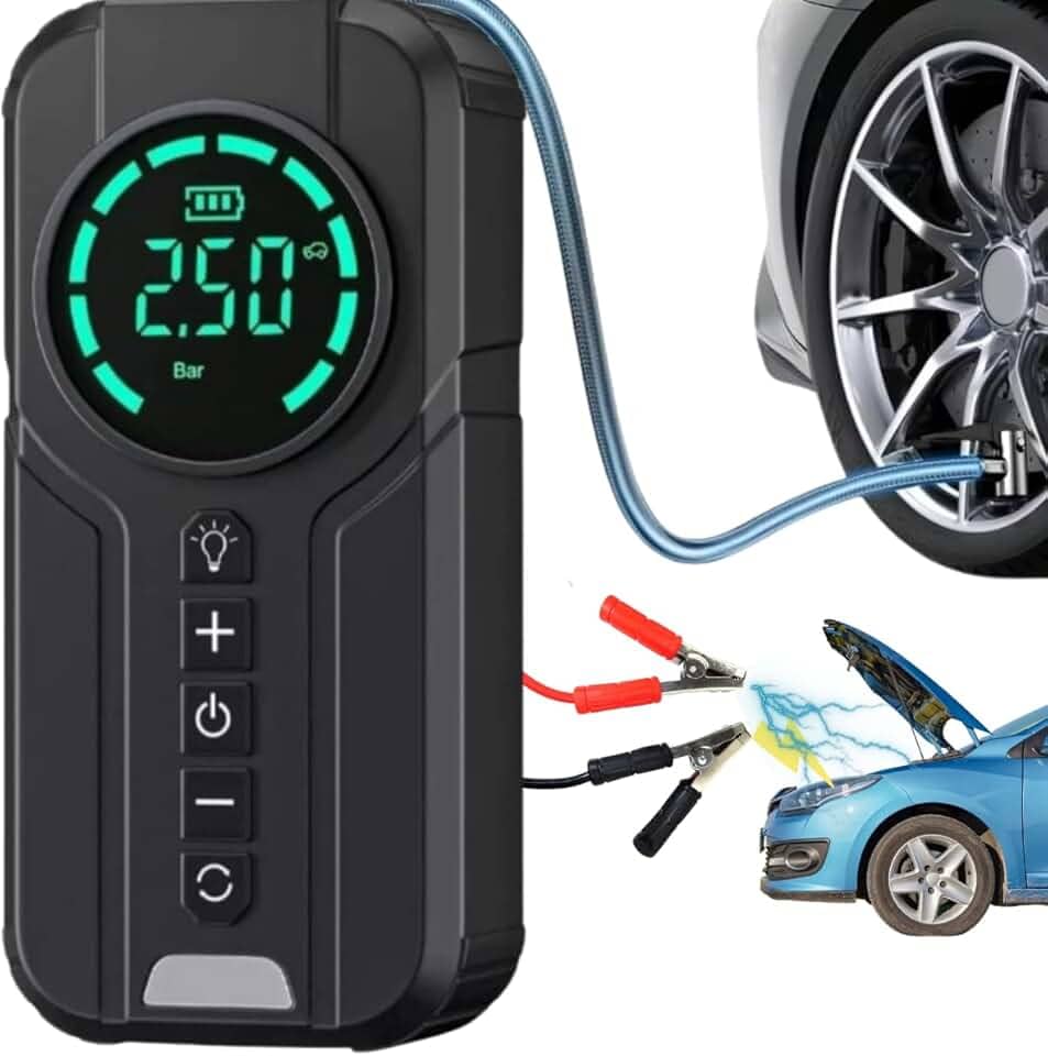 Carregador de Bateria Top Portátil 3 em 1 com Compressor de Ar para encher pneus, Luz de Emergência, Power Bank para Carro e Moto – Ideal para Viagens