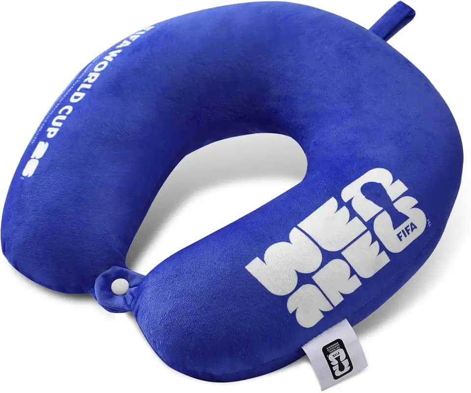FIFA Almofada de pescoço para viagem da Copa do Mundo 2026, azul, espuma viscoelástica 100% pura, travesseiro de avião para viagem, carro, casa, escritório, capa lavável (azul)