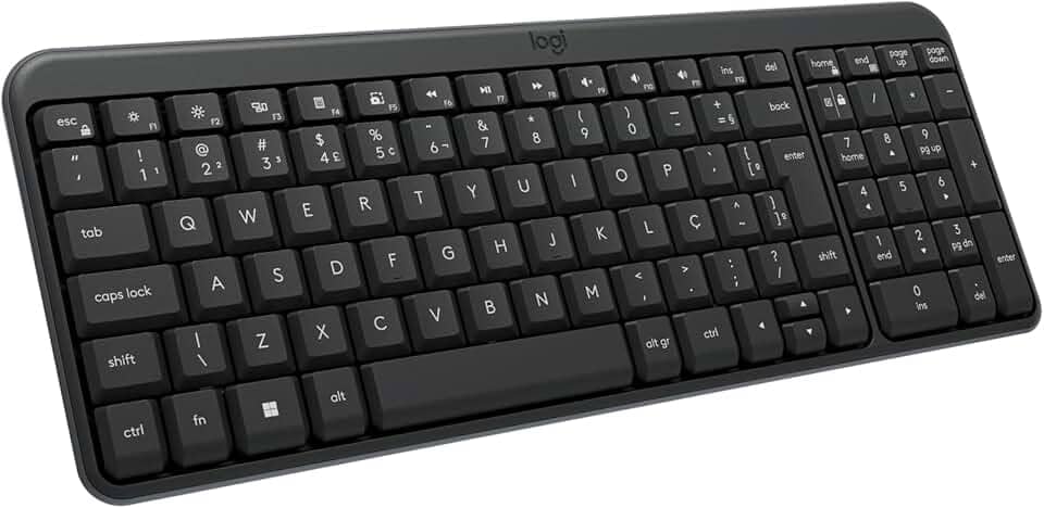 Teclado Sem Fio Logitech K250 Bluetooth com Conectividade Rápida e Fácil, Design Compacto, Teclado Numérico, Layout ABNT2, Teclas Resistentes a Derramamentos, Compatível com PC e Mac - Grafite