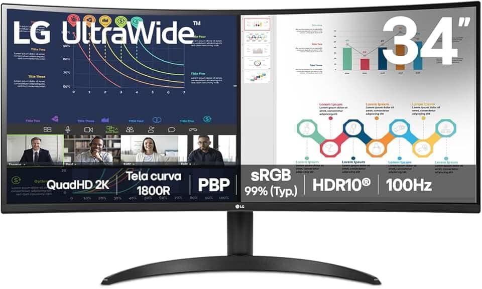 Monitor LG UltraWide™ Curvo – Tela VA de 34”, 21:9, WQHD, sRGB 99%, HDR10, 100Hz, 5ms (GTG), PBP - 34WR50QK-B