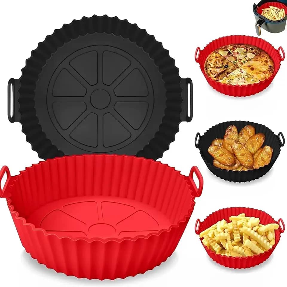 Kit 2 Unidades Formas Silicone Para Air Fryer Antiaderente Reutilizável Alça Integrada – Ideal Para Fornos e Microondas