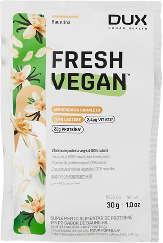 DUX HUMAN HEALTH - FreshVegan - Proteína Vegana de Ervilha e Arroz, 20g de Proteínas por Porção - Suplementos Naturais, Suplementação Treino Academia, Ganho Muscular Hipertrofia - Baunilha - Sachê 31 g