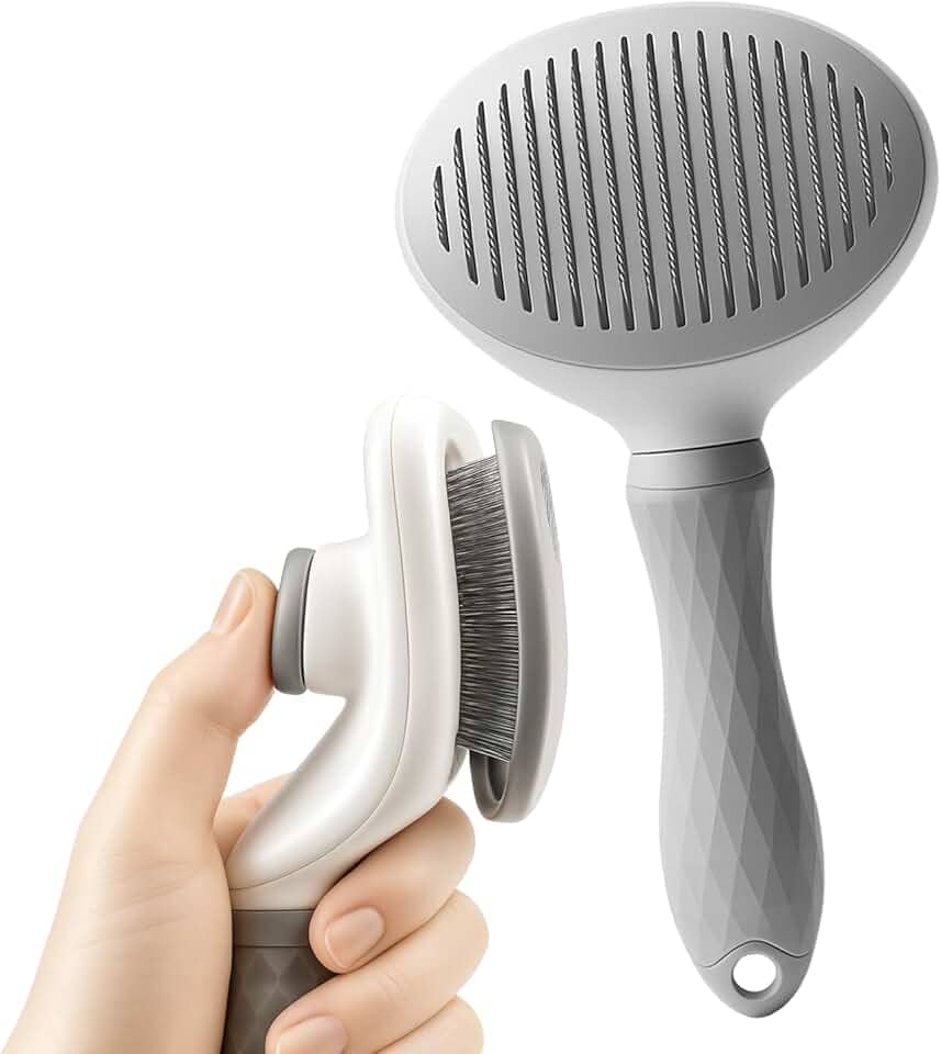 Escova Autolimpante Rasqueadeira Tira Pelos para Gatos e Cães de Pelo Longo – Removedora de Pelos com Botão de Limpeza, Cerdas Encapadas Seguras e Cabo Ergonômico Antiderrapante (Cinza)