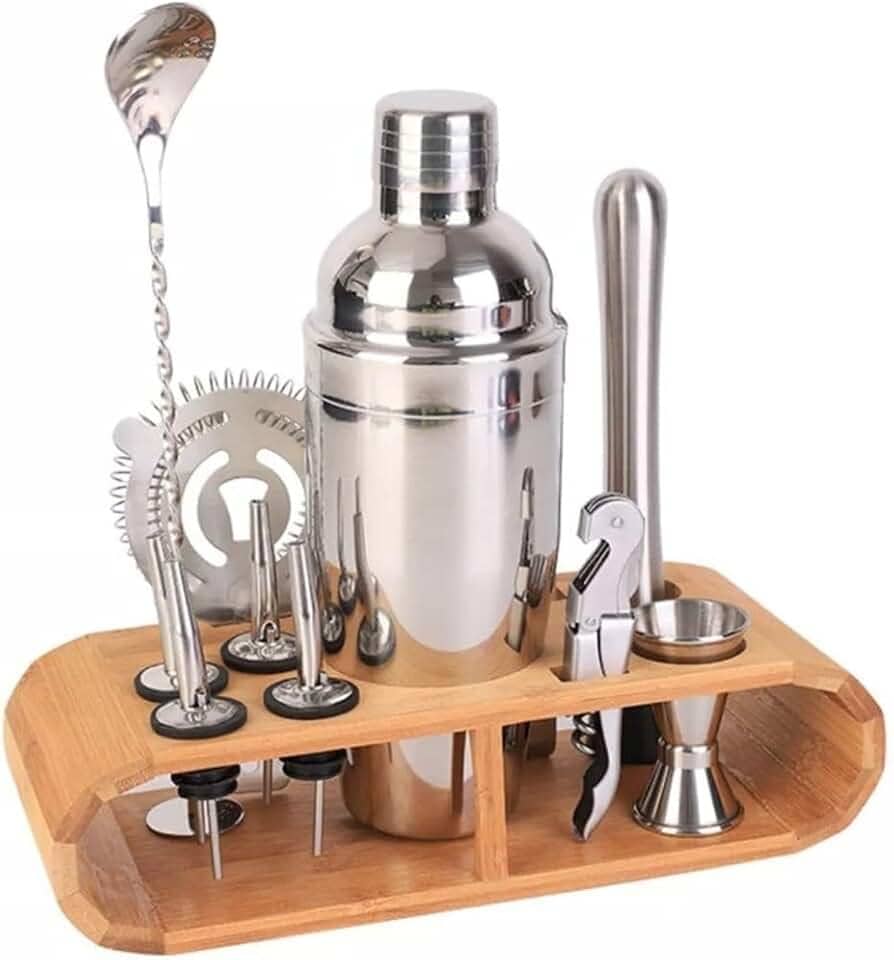 Kit Coqueteleira Bar Profissional Para Drinks Bebidas 550ml Inox Com 12 Peças Drinks Barman Caipirinha Bar Suporte de Madeira