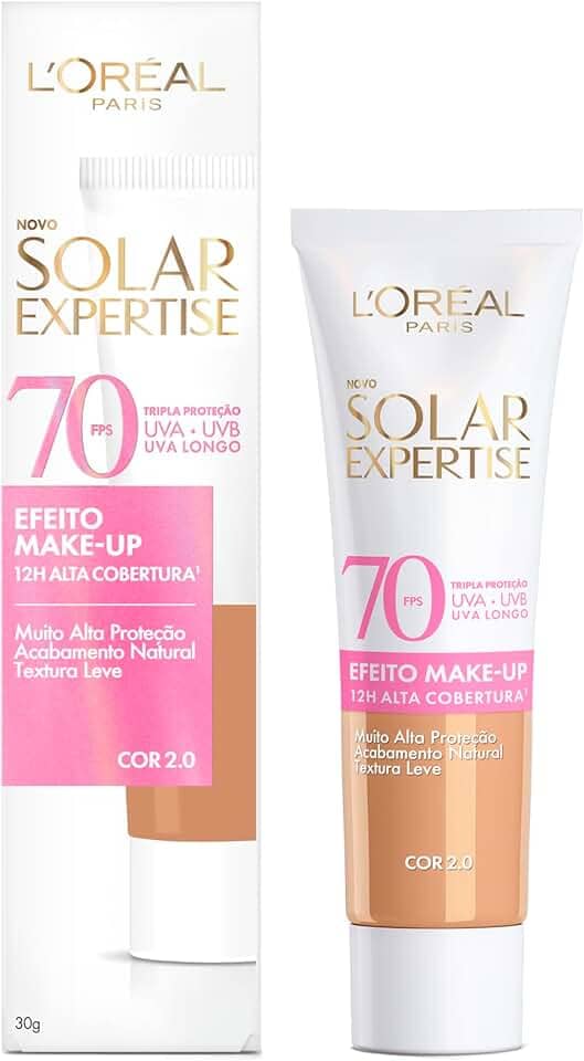 L'Oréal Paris Solar Expertise Efeito Make-Up, Protetor Solar com Cor FPS 70, Cobertura de Maquiagem por até 12h, Tripla Proteção Solar contra raios UVB, UVA, UVA Longo e Luz Visível Cor 2.0, 30g